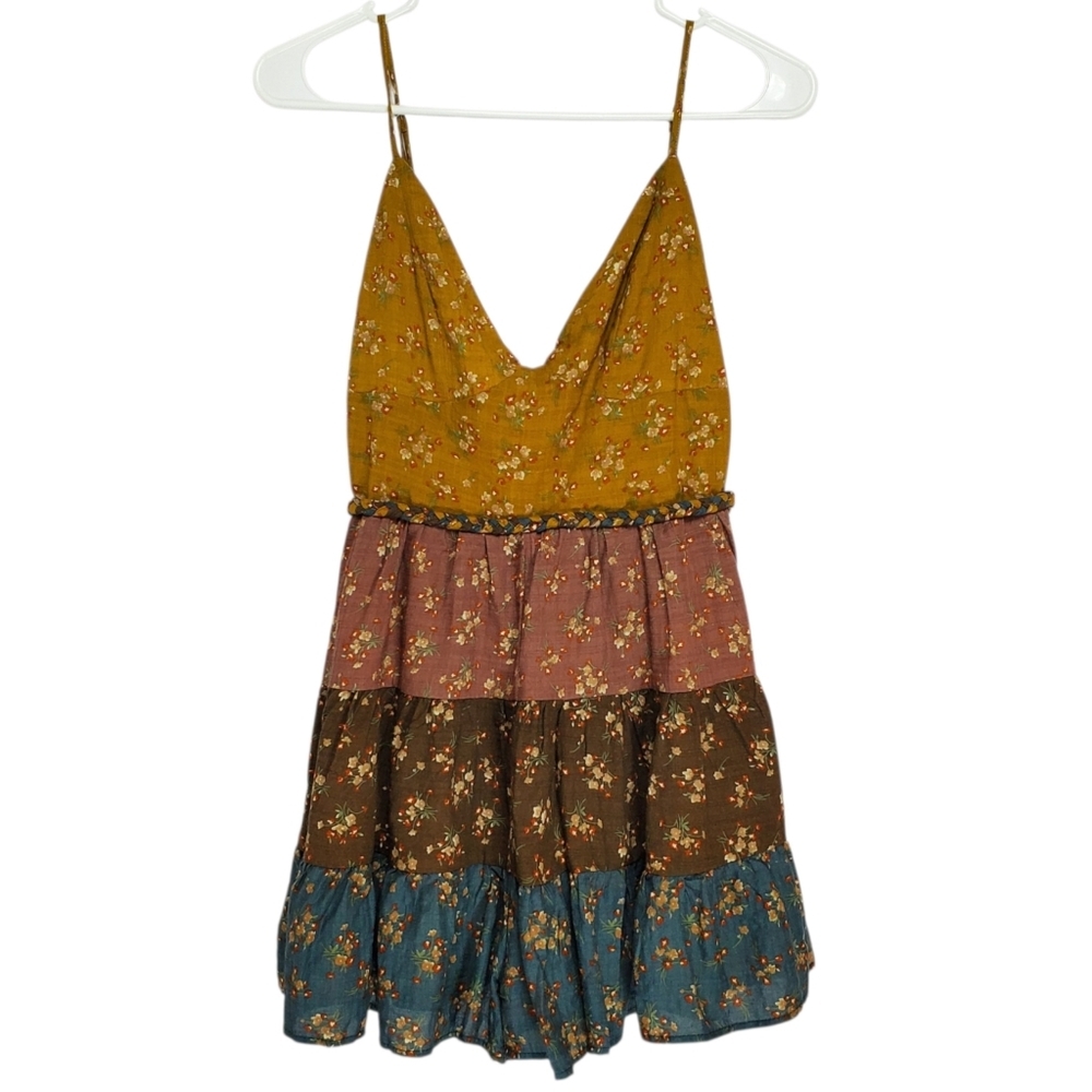 7633 * Storia Patchwork Floral Ruffle Mini Romper Mustard Brown Blue Size S